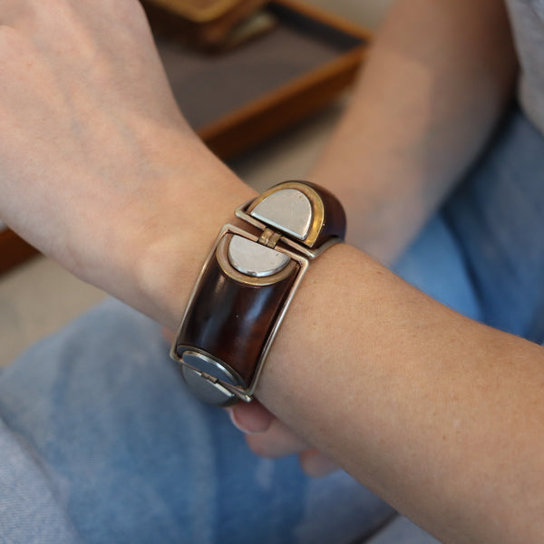 FRENCH 1930 Art Deco Geometric Precious Wood Bracelet In gilt And Sterling Silver