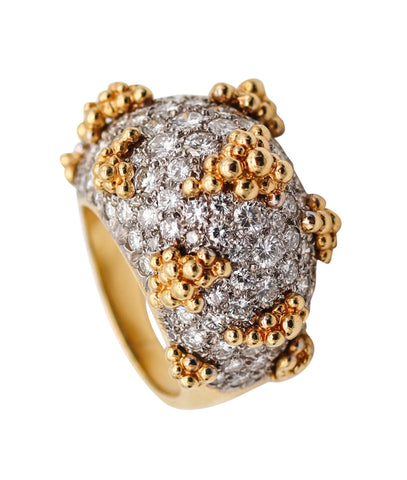 -Italian Mid Century Bombe Cocktail Ring In 18Kt Gold Platinum With 5.30 Ctw Diamonds