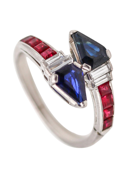 -Raymond Yard 1935 Art Deco Ring In Platinum With 2.54 Ctw Sapphires Rubies Diamonds