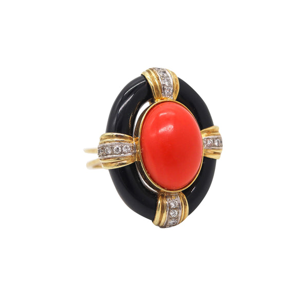 ITALIAN 1970 Retro Modern Cocktail Ring In 18Kt Gold With Coral Diamonds & Onyx