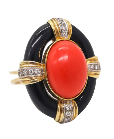 ITALIAN 1970 Retro Modern Cocktail Ring In 18Kt Gold With Coral Diamonds & Onyx