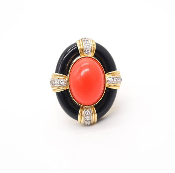 ITALIAN 1970 Retro Modern Cocktail Ring In 18Kt Gold With Coral Diamonds & Onyx