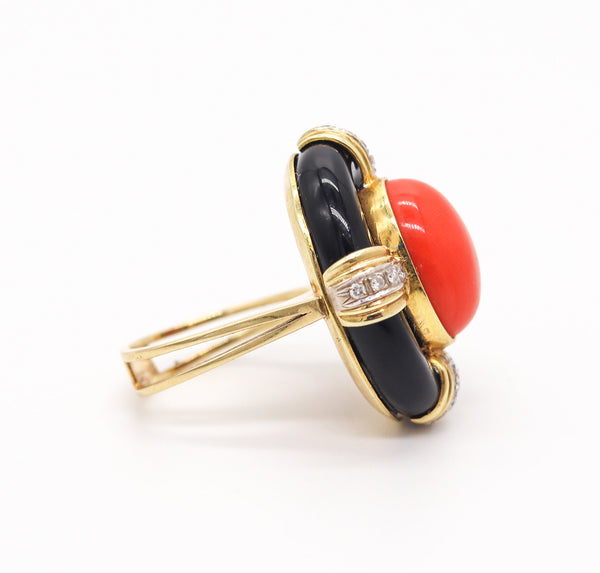 ITALIAN 1970 Retro Modern Cocktail Ring In 18Kt Gold With Coral Diamonds & Onyx