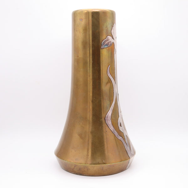 OTTO HEINTZ Art & Craft 1890 Fluted Vase Polished Brass & Sterling Silver Orchid