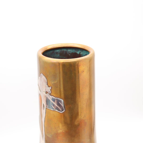OTTO HEINTZ Art & Craft 1890 Fluted Vase Polished Brass & Sterling Silver Orchid