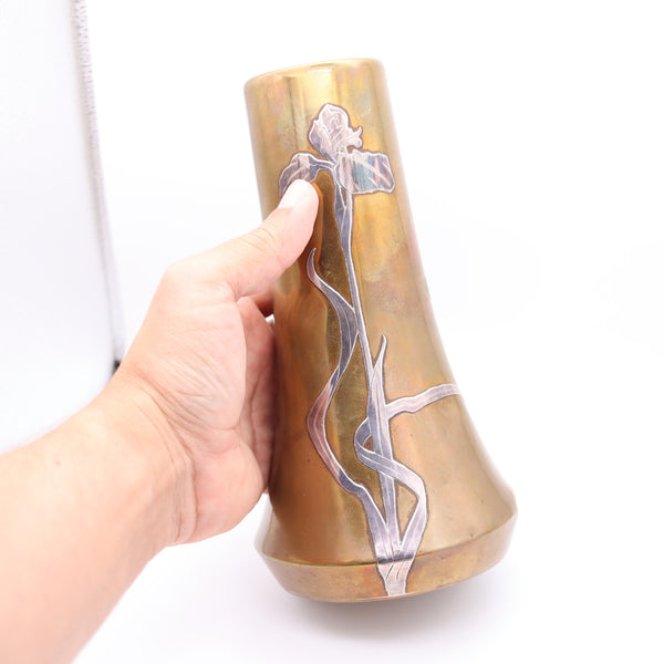 OTTO HEINTZ Art & Craft 1890 Fluted Vase Polished Brass & Sterling Silver Orchid