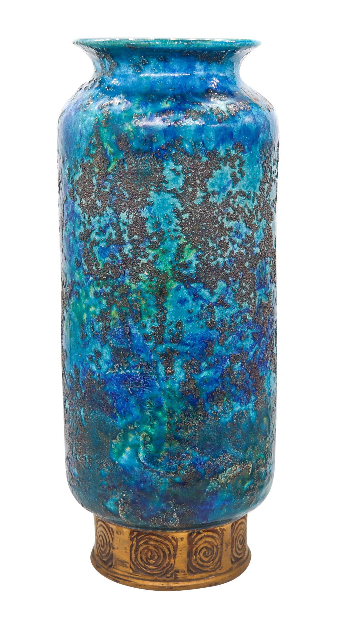 BITOSSI 1964 Italian Cinese Tall Vase In Glazed Blue Terracotta With Gold