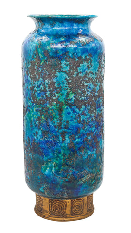 BITOSSI 1964 Italian Cinese Tall Vase In Glazed Blue Terracotta With Gold