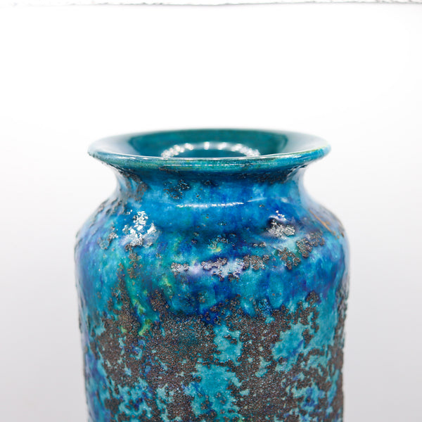 BITOSSI 1964 Italian Cinese Tall Vase In Glazed Blue Terracotta With Gold