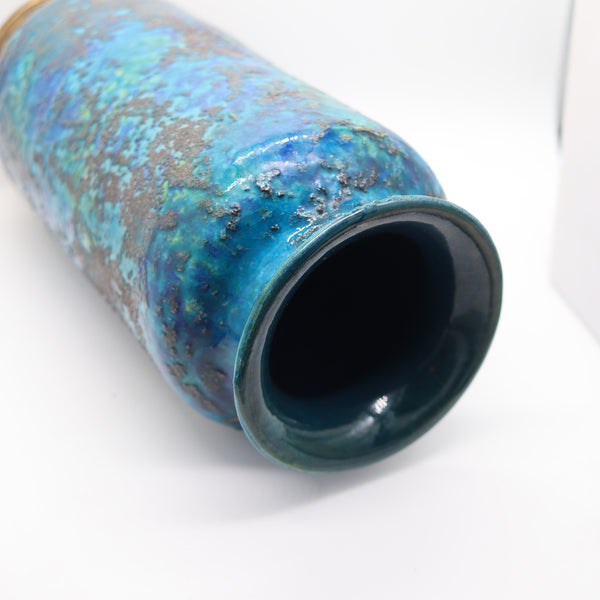 BITOSSI 1964 Italian Cinese Tall Vase In Glazed Blue Terracotta With Gold