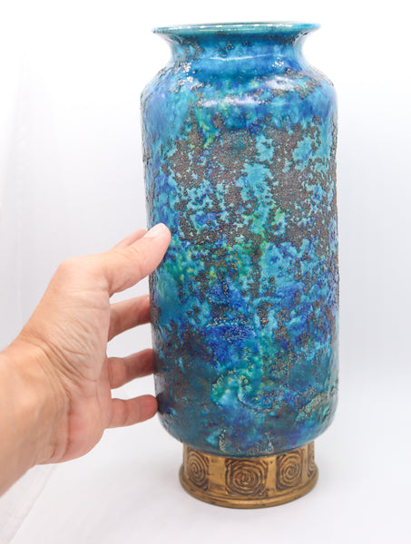 BITOSSI 1964 Italian Cinese Tall Vase In Glazed Blue Terracotta With Gold