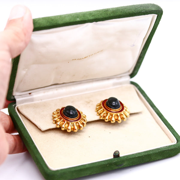 -Elizabeth Gage 1989 London Enameled Egyptian Clips Earrings In 18Kt Gold With Jade