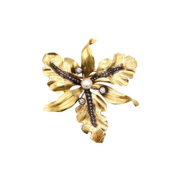 -French 1900 Art Nouveau Orchid Pendant Brooch In 18Kt With Diamonds Pearl