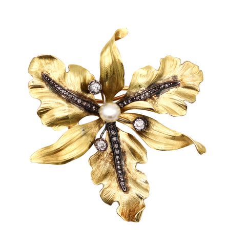 -French 1900 Art Nouveau Orchid Pendant Brooch In 18Kt With Diamonds Pearl