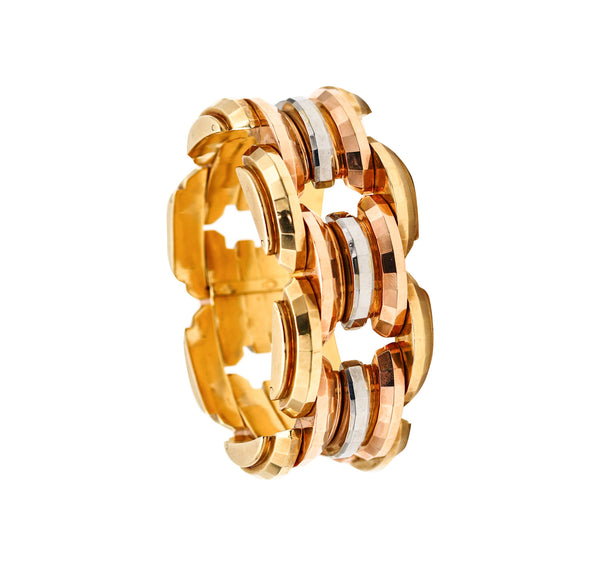 -Italian 1934 Art Deco Geometric Faceted Bracelet In Three Colors Of 18Kt Gold