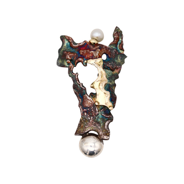 -Gilles Maurel Organic Brooch In Oxidized Copper And 18kt Gold With One Pearl