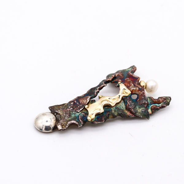 -Gilles Maurel Organic Brooch In Oxidized Copper And 18kt Gold With One Pearl