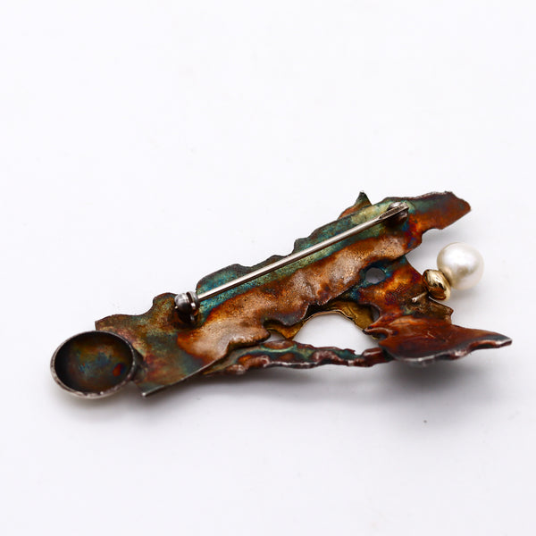 -Gilles Maurel Organic Brooch In Oxidized Copper And 18kt Gold With One Pearl