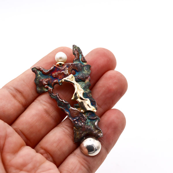 -Gilles Maurel Organic Brooch In Oxidized Copper And 18kt Gold With One Pearl