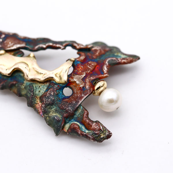 -Gilles Maurel Organic Brooch In Oxidized Copper And 18kt Gold With One Pearl