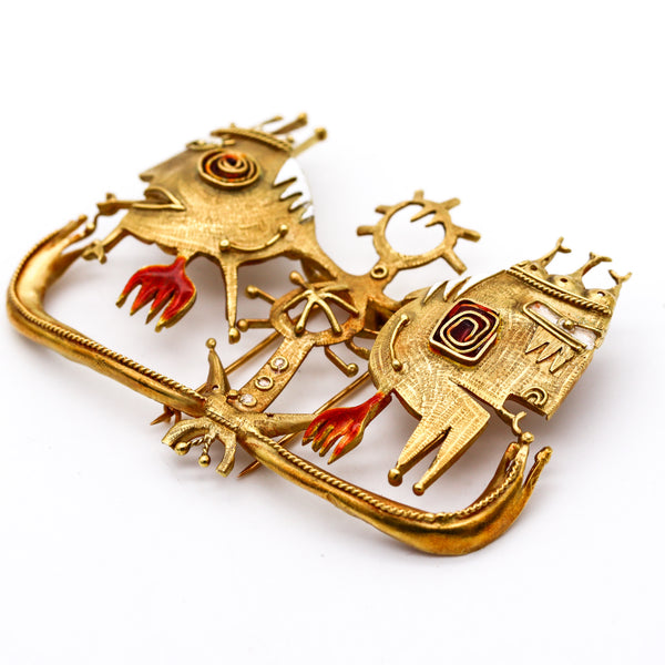 -Carlos Páez Vilaró 1967 Artist Modernist Pendant Brooch In 18Kt Gold With Enamel