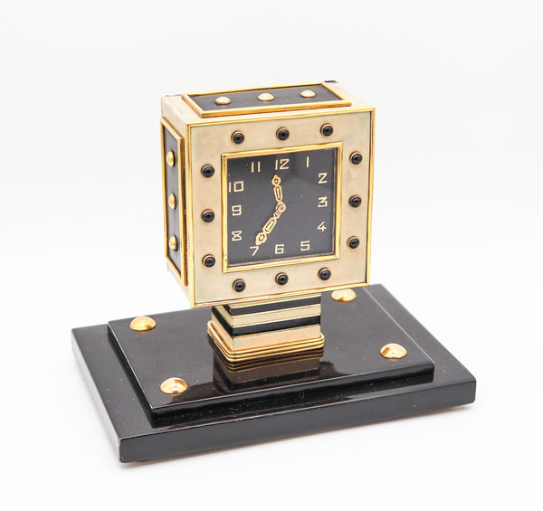 LACLOCHE FRERES Paris 1924 Art Deco Lacquered Desk Clock In 18Kt Gold With Onyx
