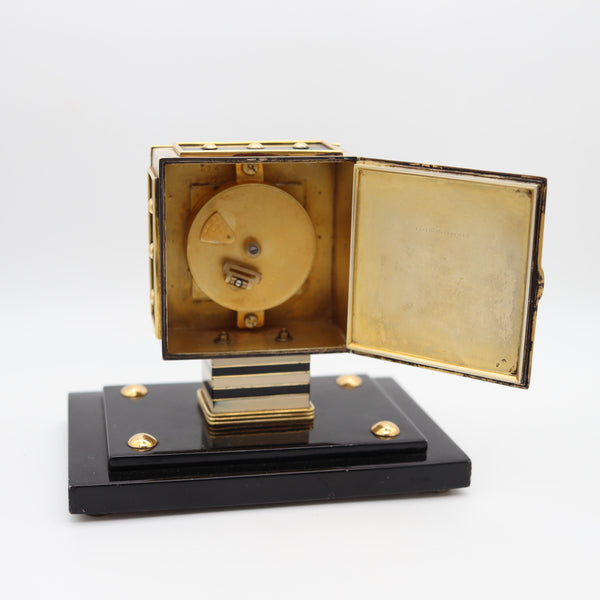 LACLOCHE FRERES Paris 1924 Art Deco Lacquered Desk Clock In 18Kt Gold With Onyx