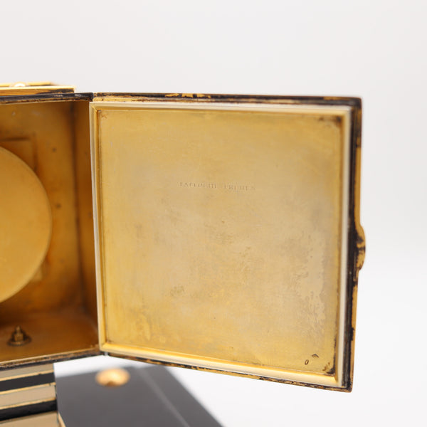 LACLOCHE FRERES Paris 1924 Art Deco Lacquered Desk Clock In 18Kt Gold With Onyx