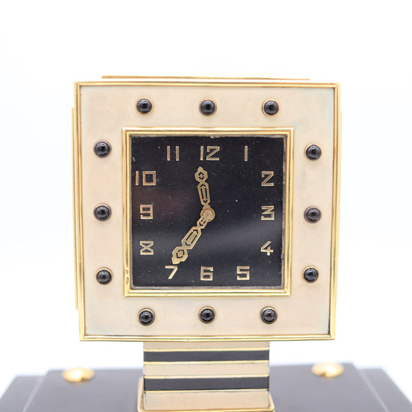 LACLOCHE FRERES Paris 1924 Art Deco Lacquered Desk Clock In 18Kt Gold With Onyx