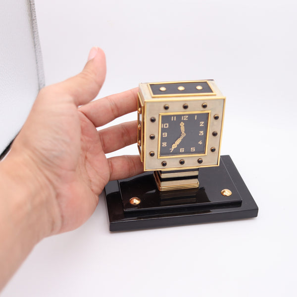 LACLOCHE FRERES Paris 1924 Art Deco Lacquered Desk Clock In 18Kt Gold With Onyx