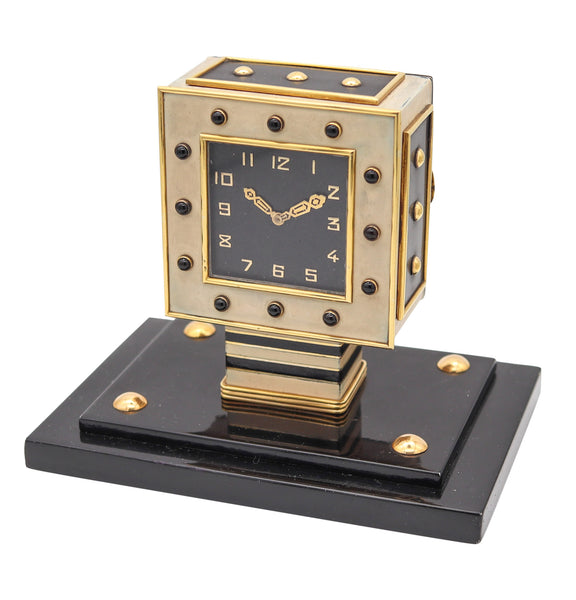 LACLOCHE FRERES Paris 1924 Art Deco Lacquered Desk Clock In 18Kt Gold With Onyx