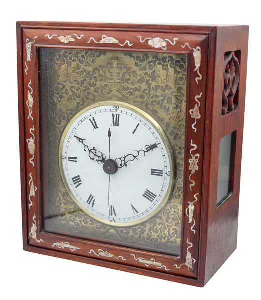 QING DYNASTY 1790 Export Table Clock In Gilt Bronze, Wood & Inlaid Nacre