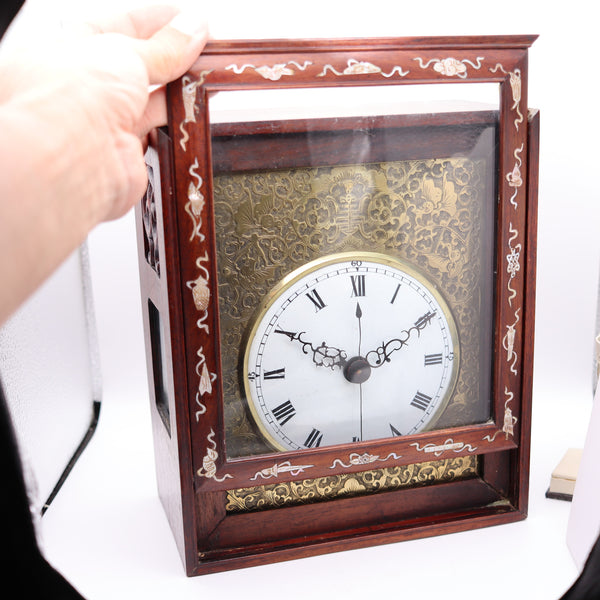 QING DYNASTY 1790 Export Table Clock In Gilt Bronze, Wood & Inlaid Nacre
