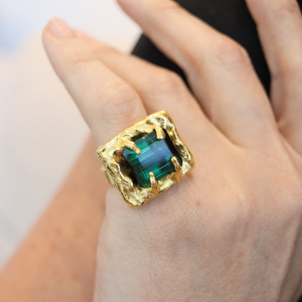 JEAN MAHIE Paris Rare Sculptural Cocktail Ring In Solid 22Kt Gold With A Tourmaline