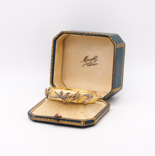-French 1880 Bamboo Bracelet In 18Kt Yellow Gold With Rose Cut Diamonds