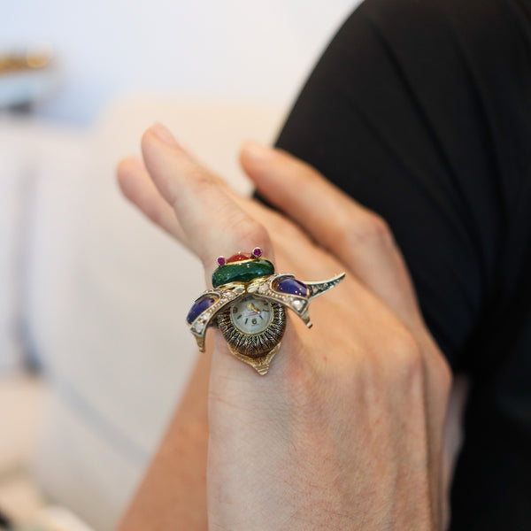 AUSTRIAN HUNGARIAN 1915 Enameled Beetle Watch Ring In 18Kt Gold & Diamonds