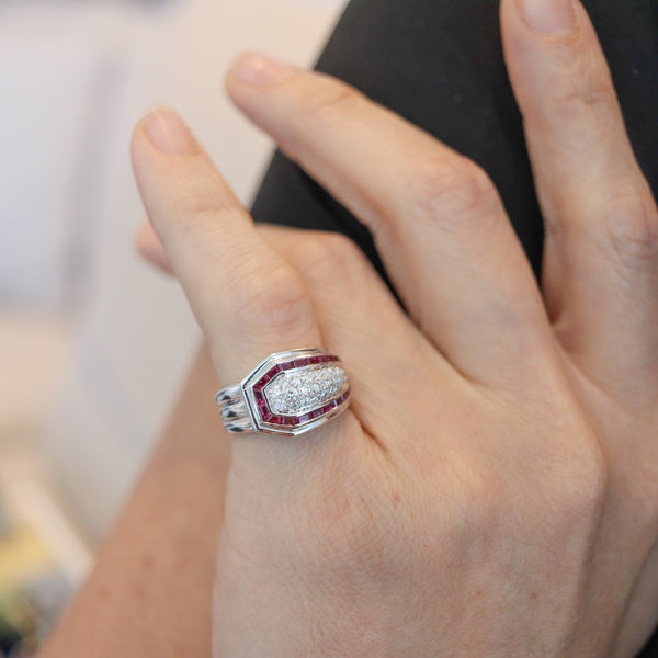 BOUCHERON Paris 1970 Deco Ring In 18Kt White Gold With 1.75 Ctw In Diamonds & Rubies