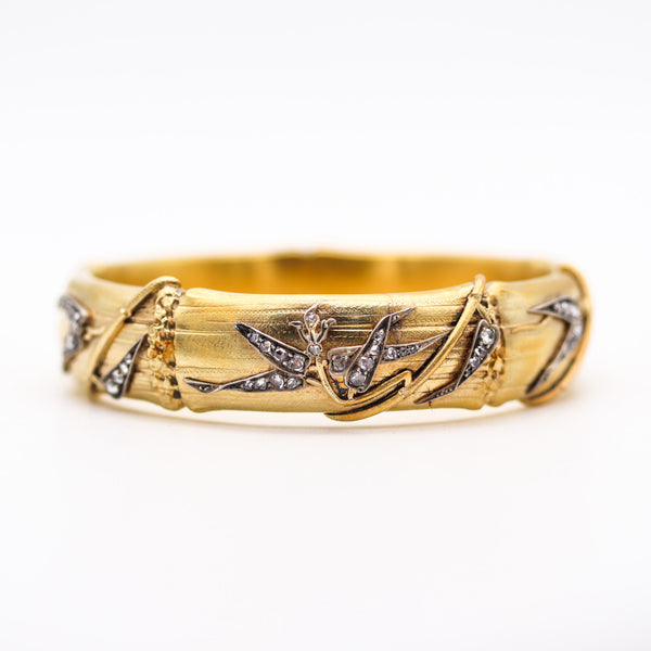 -French 1880 Bamboo Bracelet In 18Kt Yellow Gold With Rose Cut Diamonds
