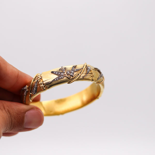 -French 1880 Bamboo Bracelet In 18Kt Yellow Gold With Rose Cut Diamonds