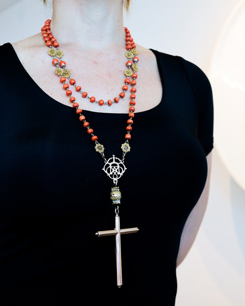 SPANISH-IBERIAN 1780 Coral Rosary In 18Kt Gold With Seed Pearls From Late 18th Century