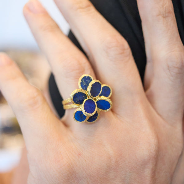 AUGUSTIN JULIA PLANA 1960 Swiss Geometric Cocktail Ring In 18Kt Gold With Lapis