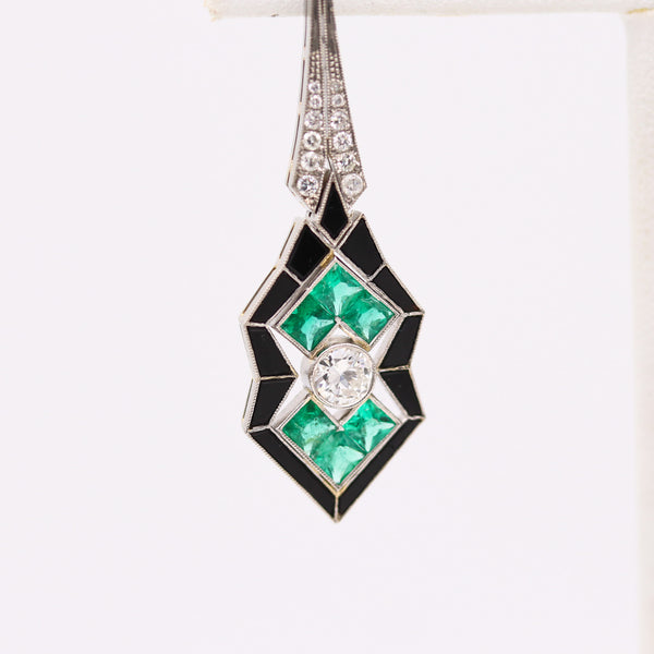 -Art Deco 1930 Dangle Earrings In Platinum With 10.52 Ctw In Diamonds And Emeralds