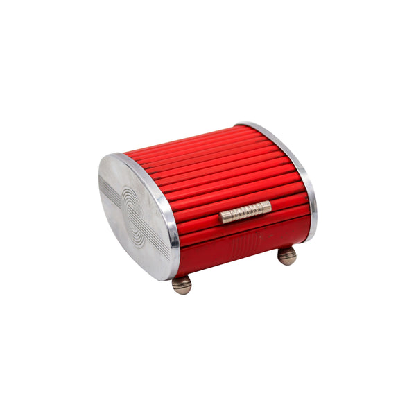 -Park Sherman 1930 Art Deco Chromed Steel Roller Lid Box With Red Bakelite