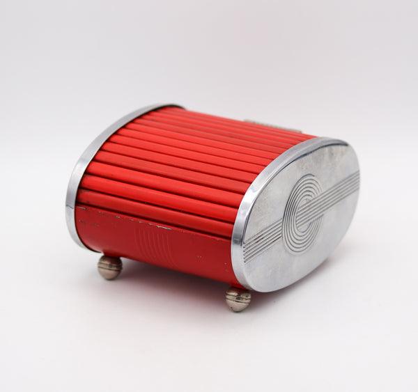 -Park Sherman 1930 Art Deco Chromed Steel Roller Lid Box With Red Bakelite