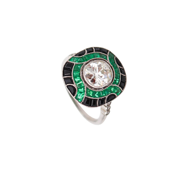 ART DECO 1930 Cocktail Ring In Platinum With 2.67 Ctw In Diamonds Emeralds And Onyx