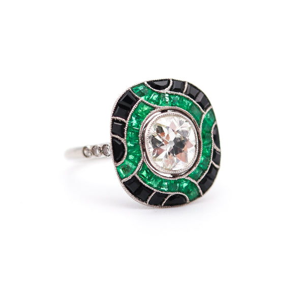 ART DECO 1930 Cocktail Ring In Platinum With 2.67 Ctw In Diamonds Emeralds And Onyx