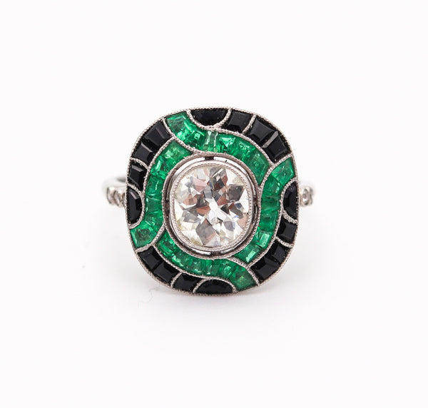 ART DECO 1930 Cocktail Ring In Platinum With 2.67 Ctw In Diamonds Emeralds And Onyx