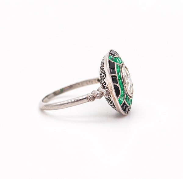 ART DECO 1930 Cocktail Ring In Platinum With 2.67 Ctw In Diamonds Emeralds And Onyx