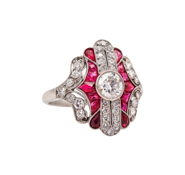 ART DECO 1930 American Geometric Ring In Platinum With 2.45 Ctw In Diamonds And Rubies