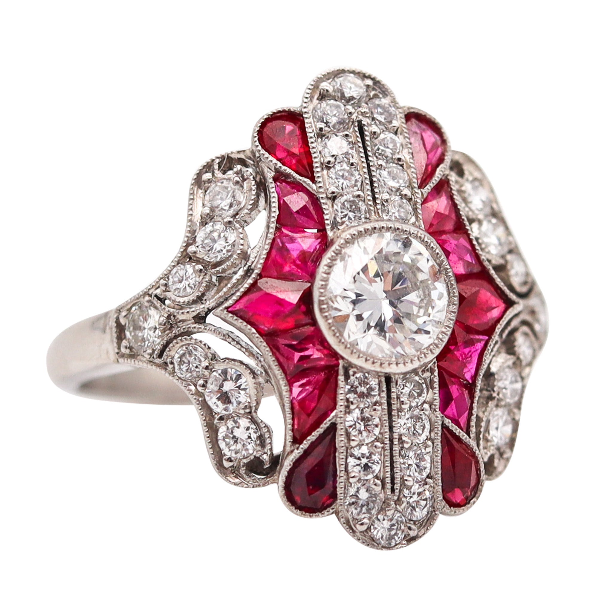 ART DECO 1930 American Geometric Ring In Platinum With 2.45 Ctw In Diamonds And Rubies